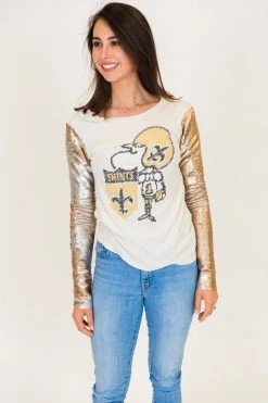 Fringe Co New Orleans Saints Champagne Gold Sequin Sleeve Party Tee