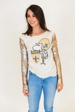 Fringe Co New Orleans Saints Champagne Gold Sequin Sleeve Party Tee