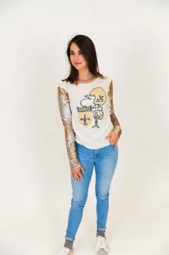 Fringe Co New Orleans Saints Champagne Gold Sequin Sleeve Party Tee