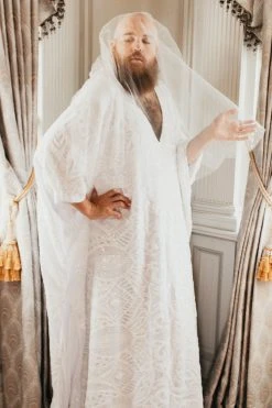 Fringe Co Caftan Club Collection White Embroidered Sequin Long Caftan