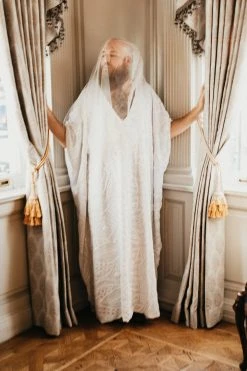 Fringe Co Caftan Club Collection White Embroidered Sequin Long Caftan