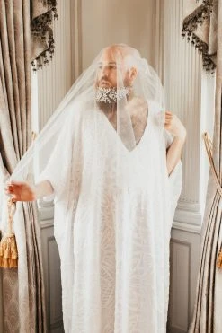 Fringe Co Caftan Club Collection White Embroidered Sequin Long Caftan