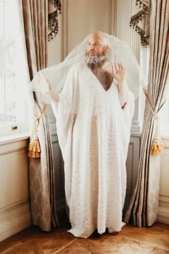 Fringe Co Caftan Club Collection White Embroidered Sequin Long Caftan