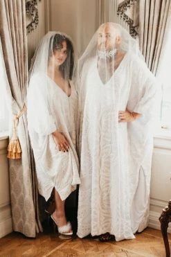 Fringe Co Caftan Club Collection White Embroidered Sequin Long Caftan