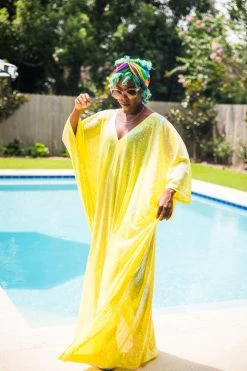 Fringe Co Caftan Club Collection Yellow Iridescent Sequin Long Caftan