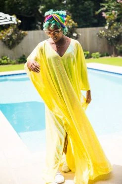 Fringe Co Caftan Club Collection Yellow Iridescent Sequin Long Caftan