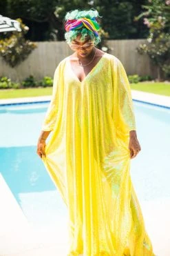 Fringe Co Caftan Club Collection Yellow Iridescent Sequin Long Caftan